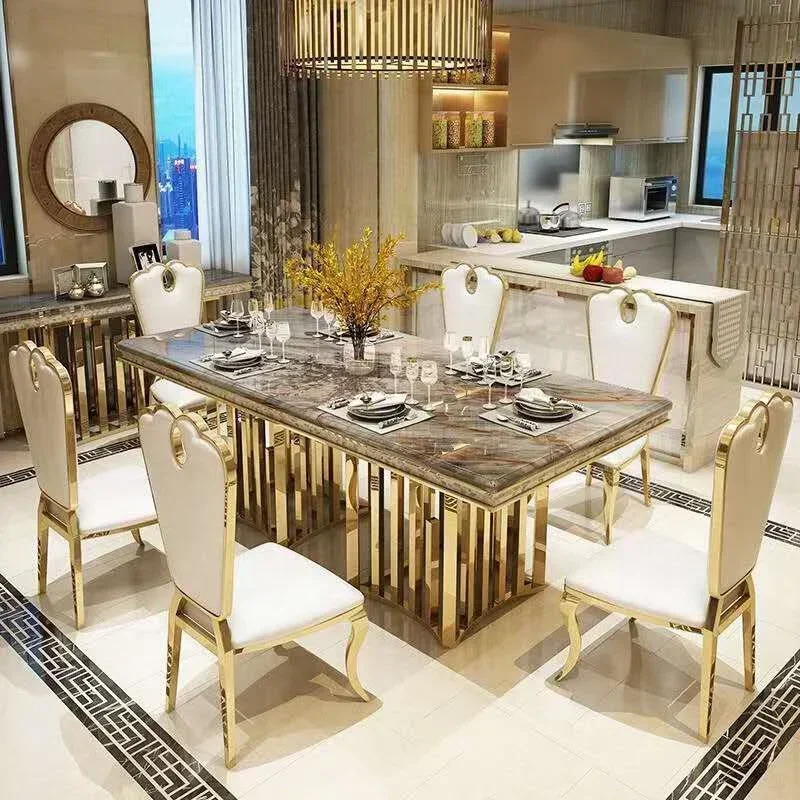 dining table with gold stainless steel frame and decoration marble top for hotel restaurant dining room furniture