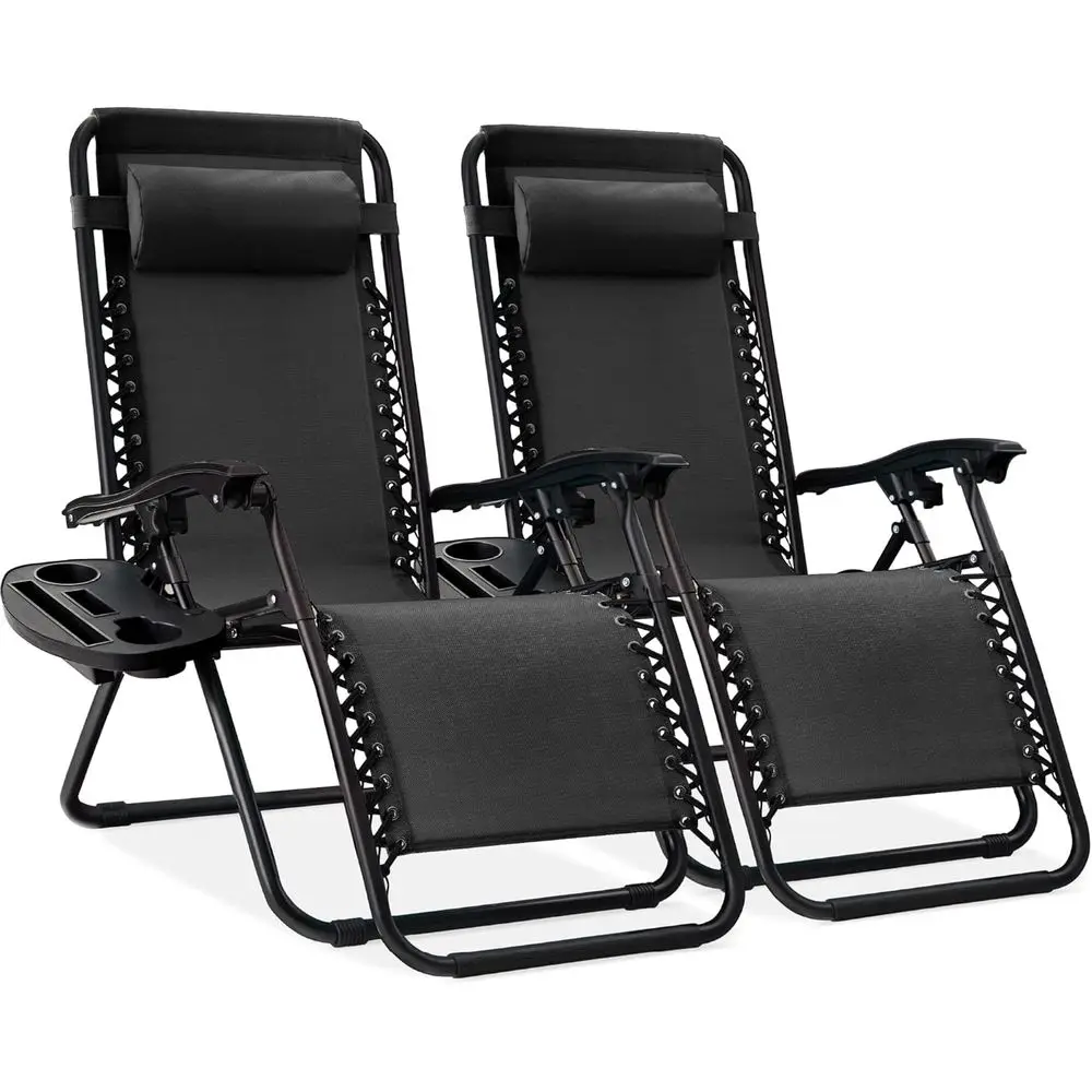 Set o 2 Adjustable Steel Mesh Zero Gravity Lounge Chair Recliners w/Pillows and Cup Holder Trays - Black