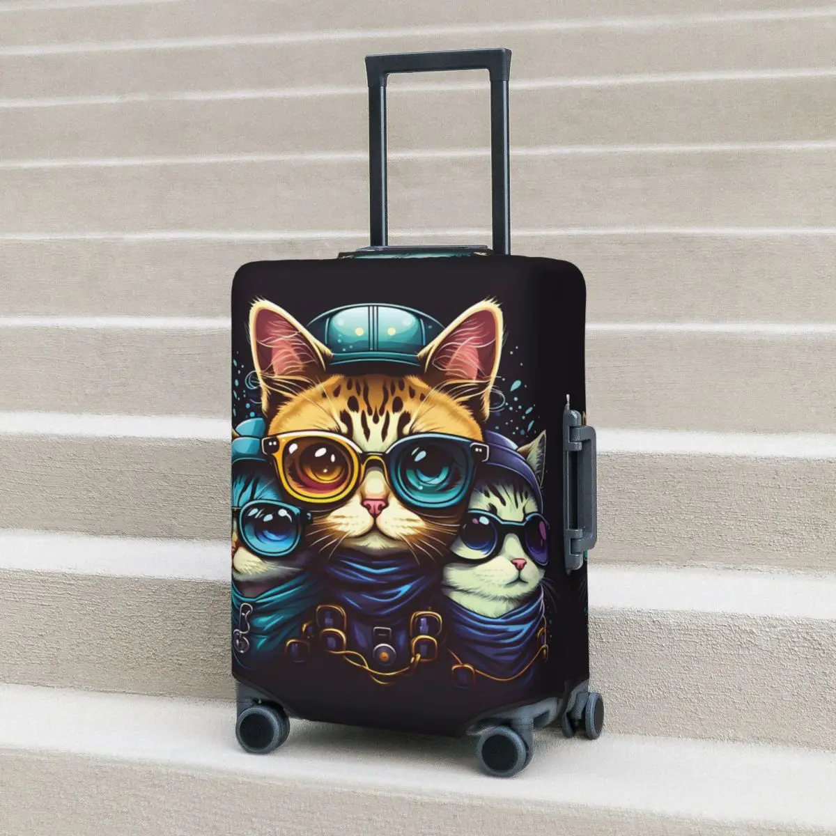 

Cartoon Cat Suitcase Cover animal with glasses Flight Business Strectch Luggage Supplies Protection