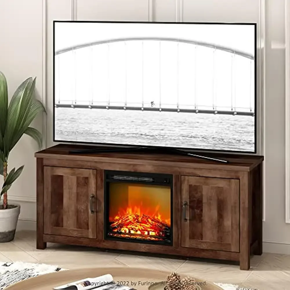 Farmhouse TV Stand with Fireplace Insert Storage Cabinet 60