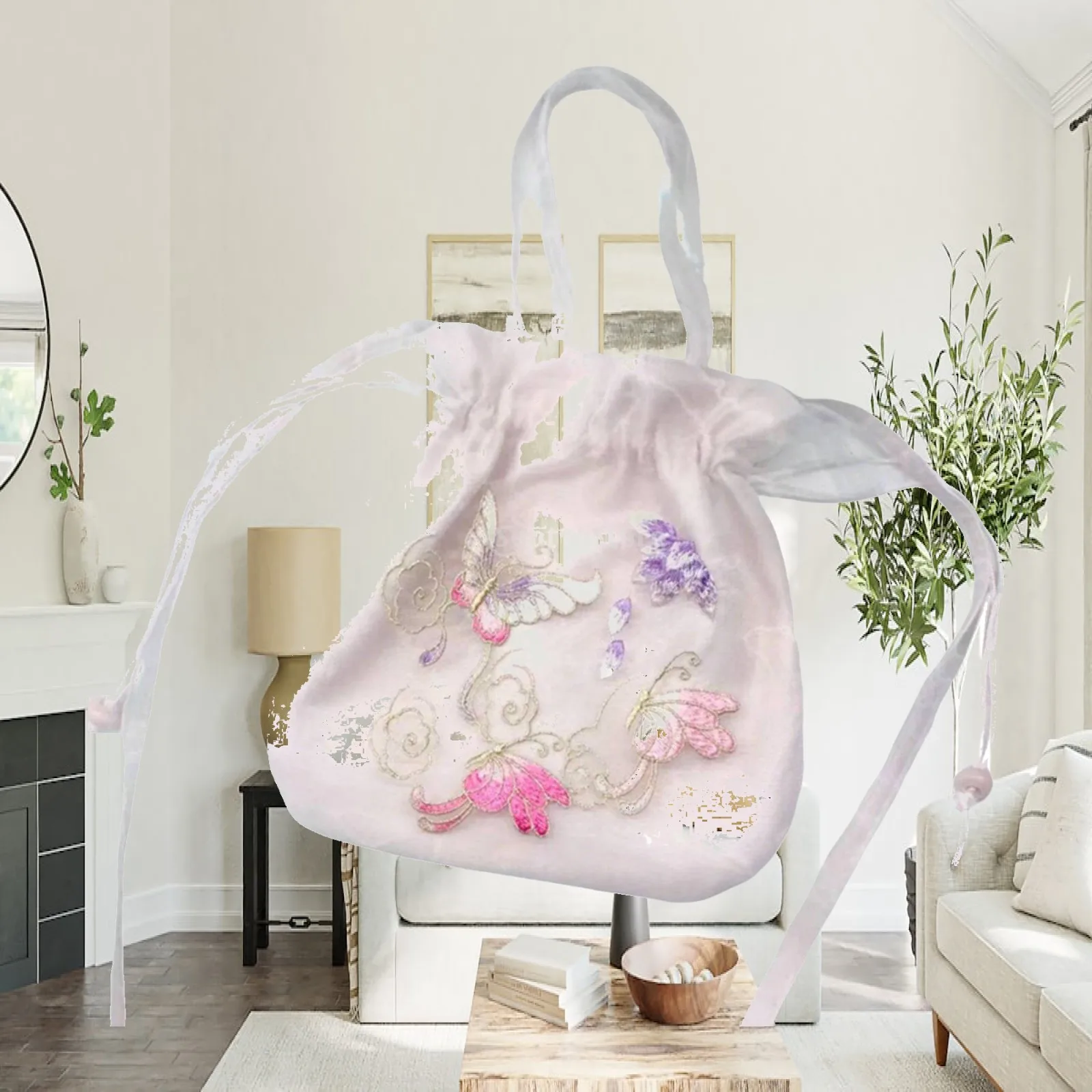 Embroidered Handbag Drawstring Pouch Secure Closure for Festivals
