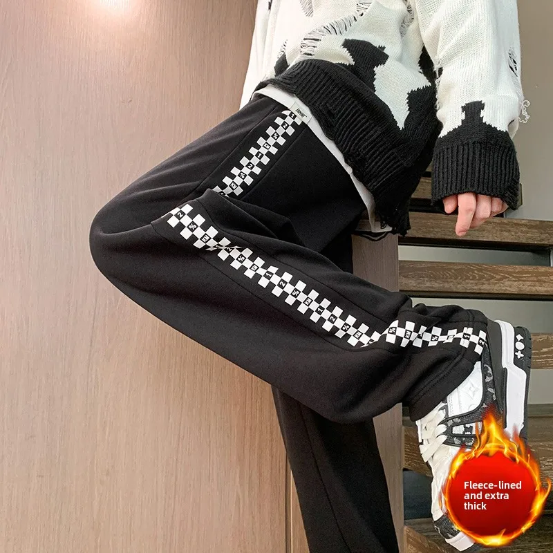 

Thiened Fce Casual Pants for Teenage Boys Autumn Winter Sle Loose Fit Sports Sweatpants Straight Leg Warm Trousers