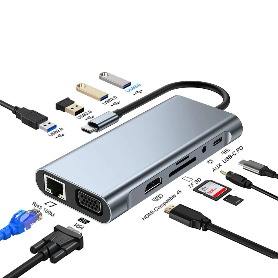11-in-1 USB C Hub Gigabit Ethernet HD PD Charging Adapter For Laptop Tablet Switch Phone
