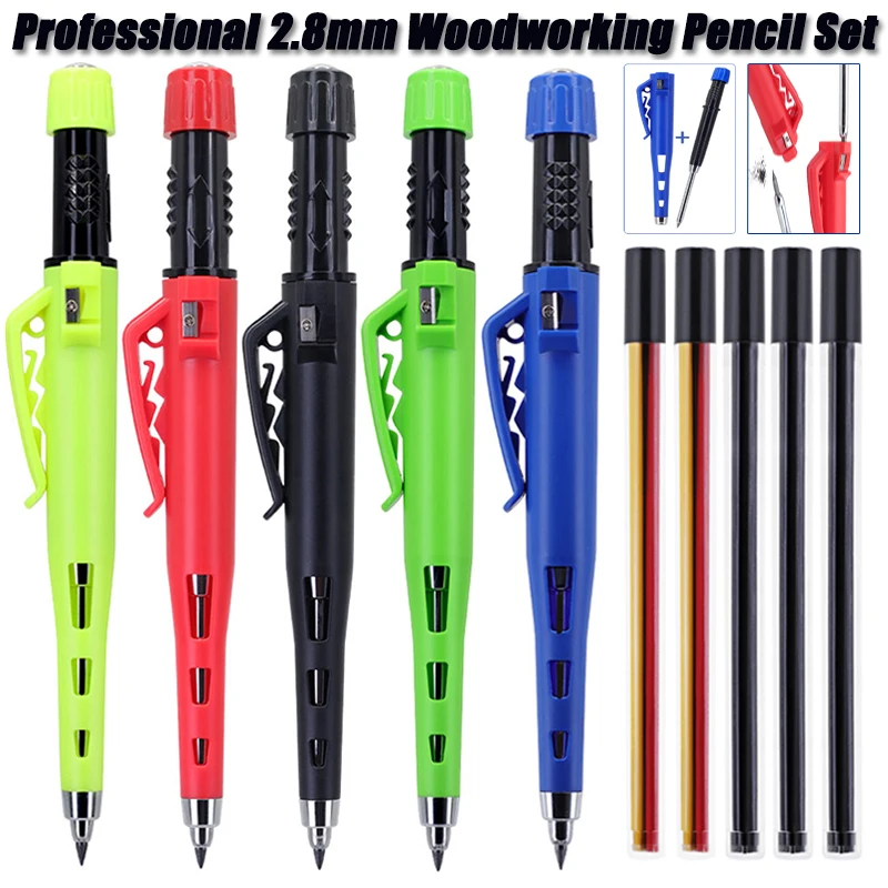 

6pcs/set Professional 55mm Long Head Woodworking Pencil Set with 2.8mm Refill Lead - Carpenters Architects Marking Drawing Tools