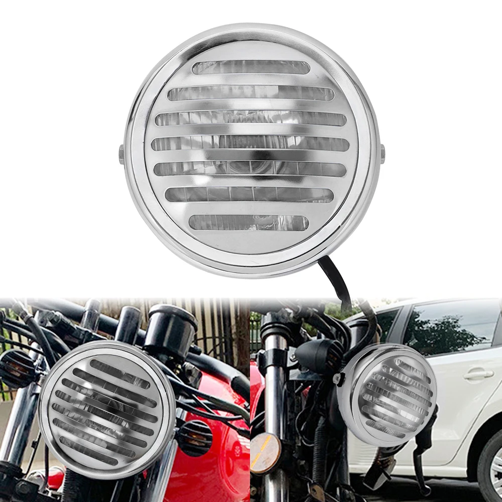 

7'' 12v Chrome Universal Motorcycle Grill Headlight with Bracktes Motorbike Retro Headlights For Harley Honda Suzuki Kawasaki