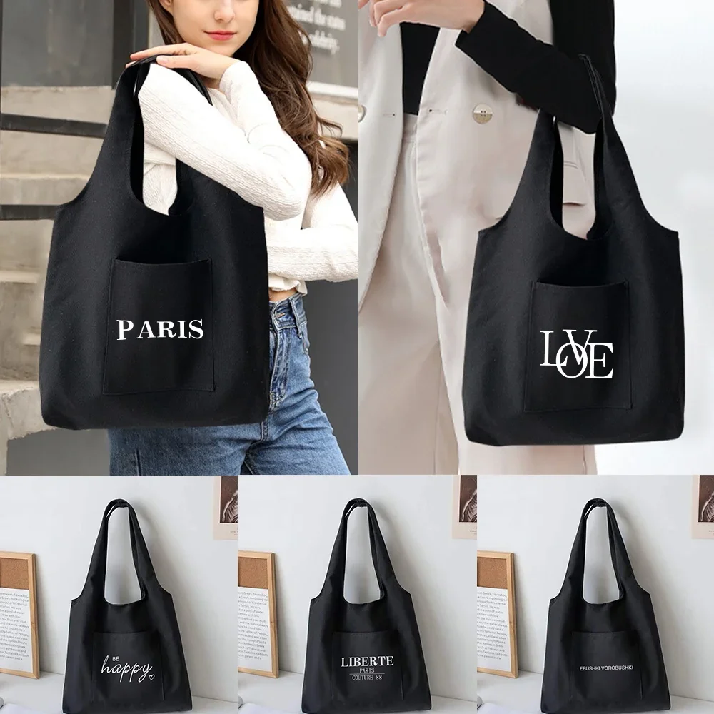 

Trendy Shopping Bags Foldable Ladies Canvas Shoulder Bags Text Printed Student Shopper Bags Travel Totes Work Handbag