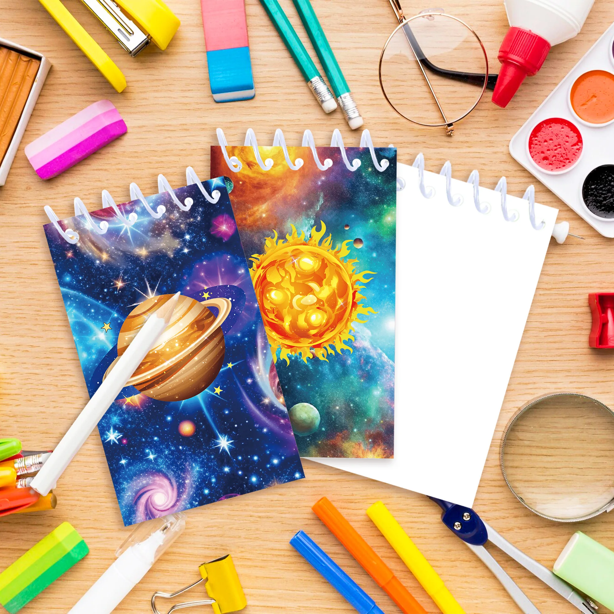 8/16/24pcs Space Planet Themed Small Spiral Notebook Cosmic Galaxy Pocket Notepad for Boys Space Birthday Party Giveaways