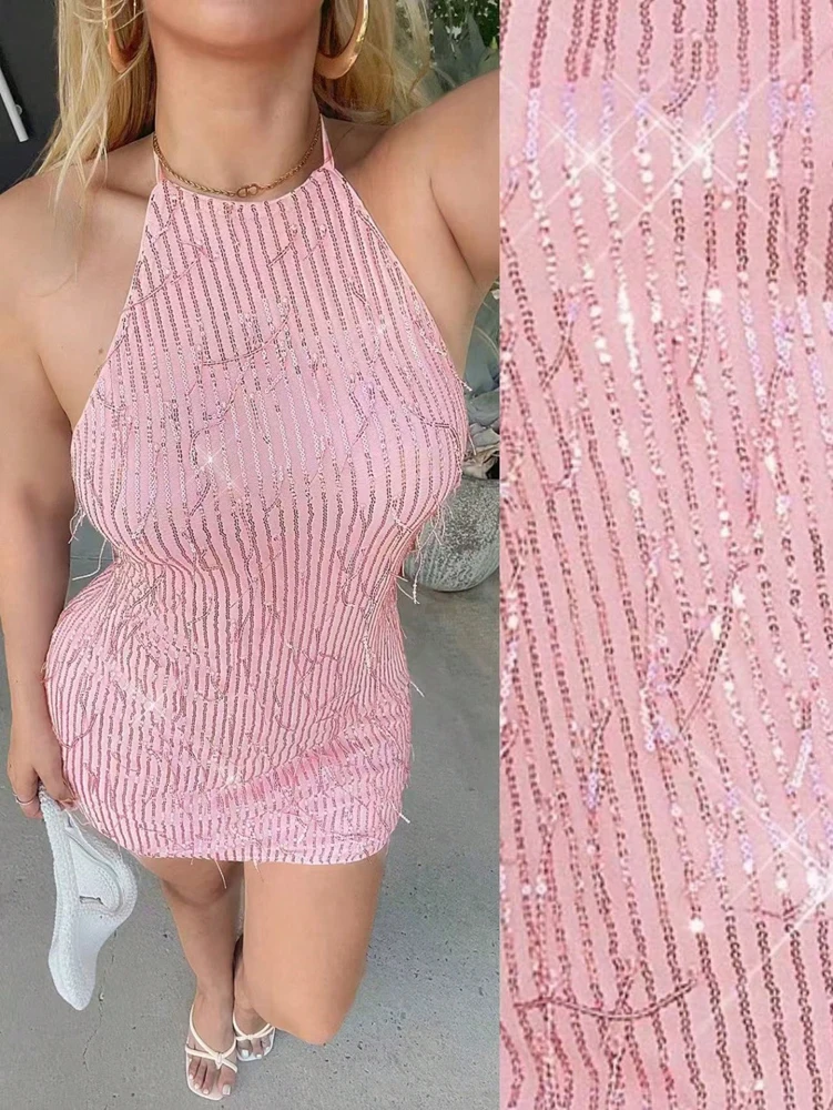 

Летняя коллекция 2026: Модное женское вечернее платье больших размеров с вырезом халтер, открытой спиной, пайетками, бахромой и блестящим эффектом