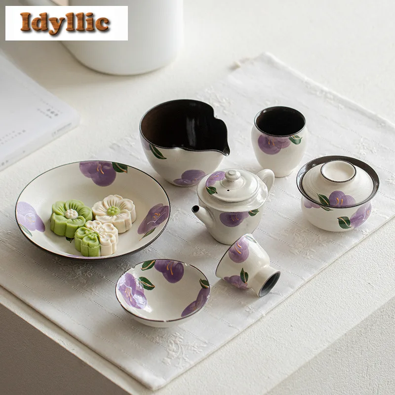 

Hand-painted Camellia Powder Yin Series Collection Kung Fu Tea Set Household Teapot Lid Bowl Pot Bearing Tea Cup Drinkware Gift