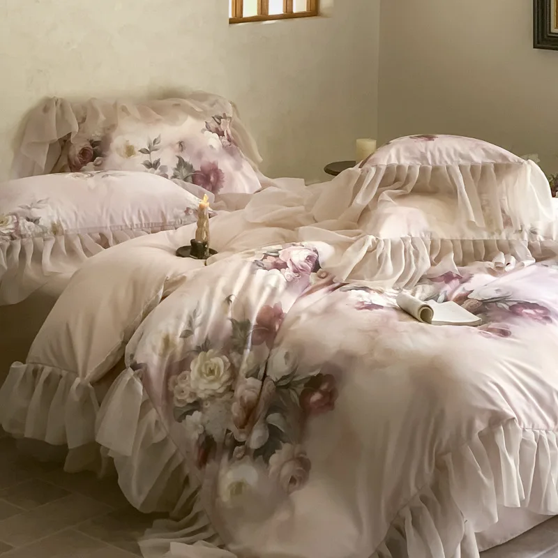 French retro romantic tencel cotton bed four-piece set glazed yarn edge quilt cover silky slippery naked sleeping sheets bedding