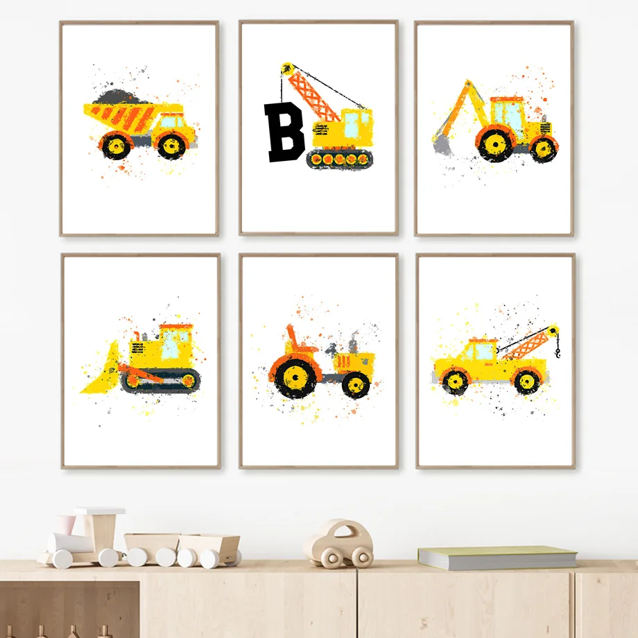 Construction Vehicles Tractor Truck Custom Baby Name Nursery Wall Art Print Poster Canvas Painting Wall Pictures Boys Room Decor