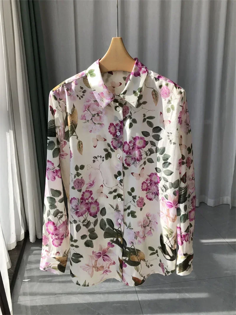 

2024 Spring New Women's Colorful Flower Printed French Blouse Single Breasted Long Sleeve Ladies Silk Cotton Blend Shirt