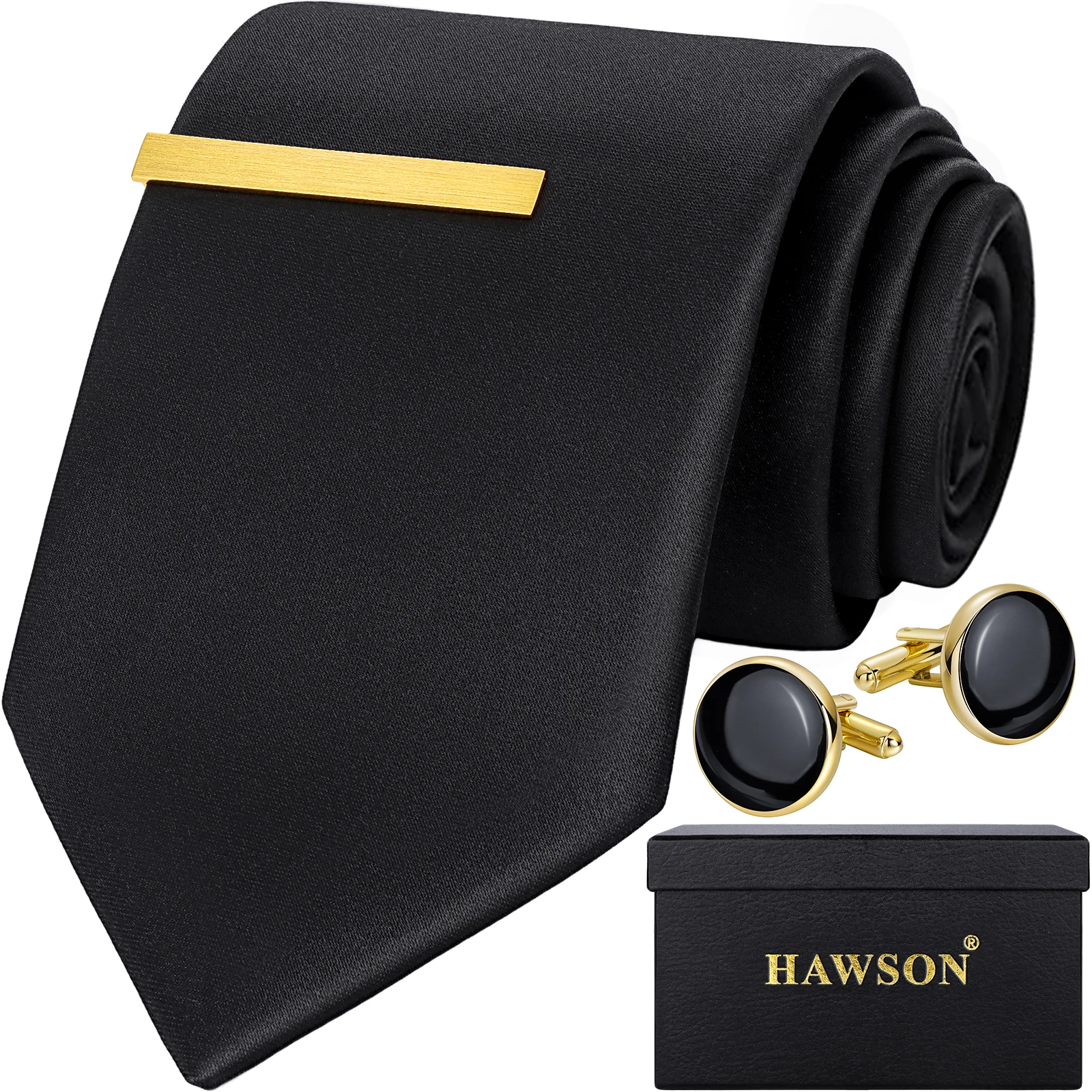 Classic Black Ties for men Tie Clips and Cufflinks Set, Solid Satin NeckTie for Father\'s Day,Anniversary,Wedding and Bussiness.