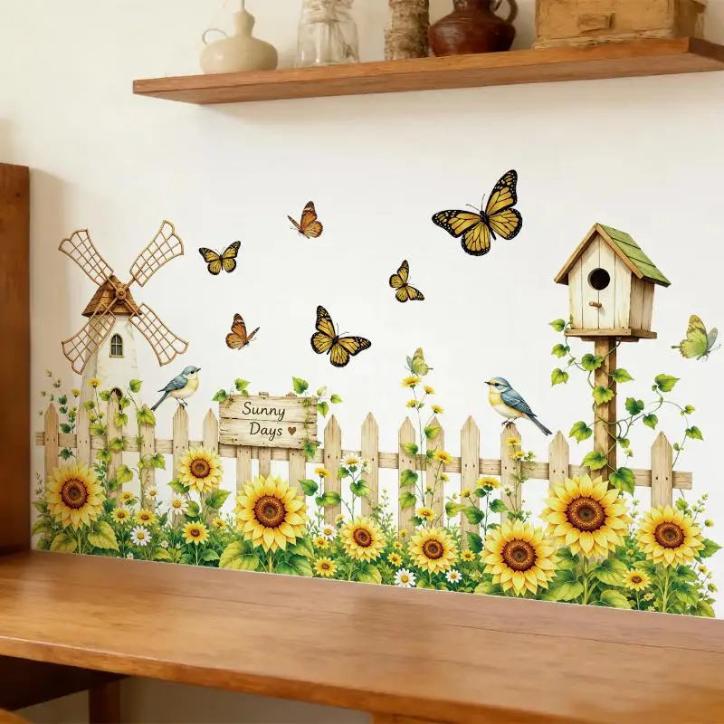 Sunflower Garden Fence Wall Decals, Yellow Sunflower Butterfly Baseboard Stickers, Floral Border for Kitchen Living Room Home