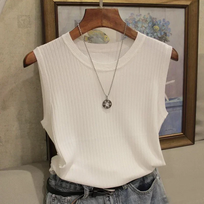 Fashion Woman Blouse 2024 Summer Sleeveless Blouse Women O-neck Knitted Blouse Shirt Women Clothes Womens Tops And Blouses C853