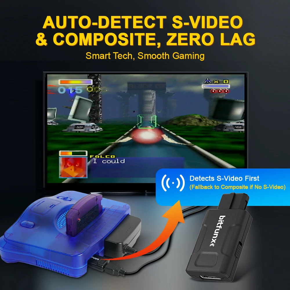 Bitfunx Mini 720P 1080P Adaptador HDMI 4:3/16:9 Auto S-Video Composto Para Consoles de Jogos N64 SNES SFC NGC