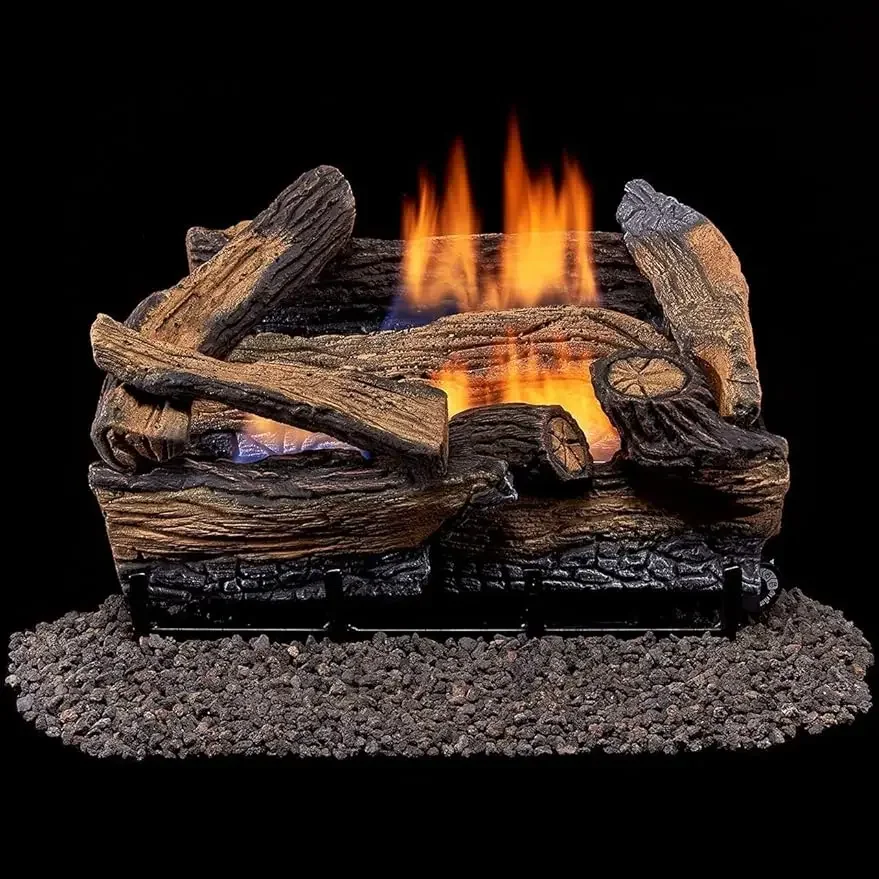 Duluth Forge-Juego de troncos de chimenea sin ventosa de doble combustible con Control remoto, uso de Gas Natural o propano líquido, DLS-18R-1