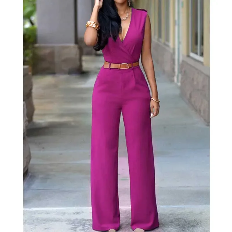 

Jumpsuits for Women Sexy 2024 Tight One Piece Office Lady Romper With Belt Sashes Deep V-neck Overalls Fit Jumper Pocket