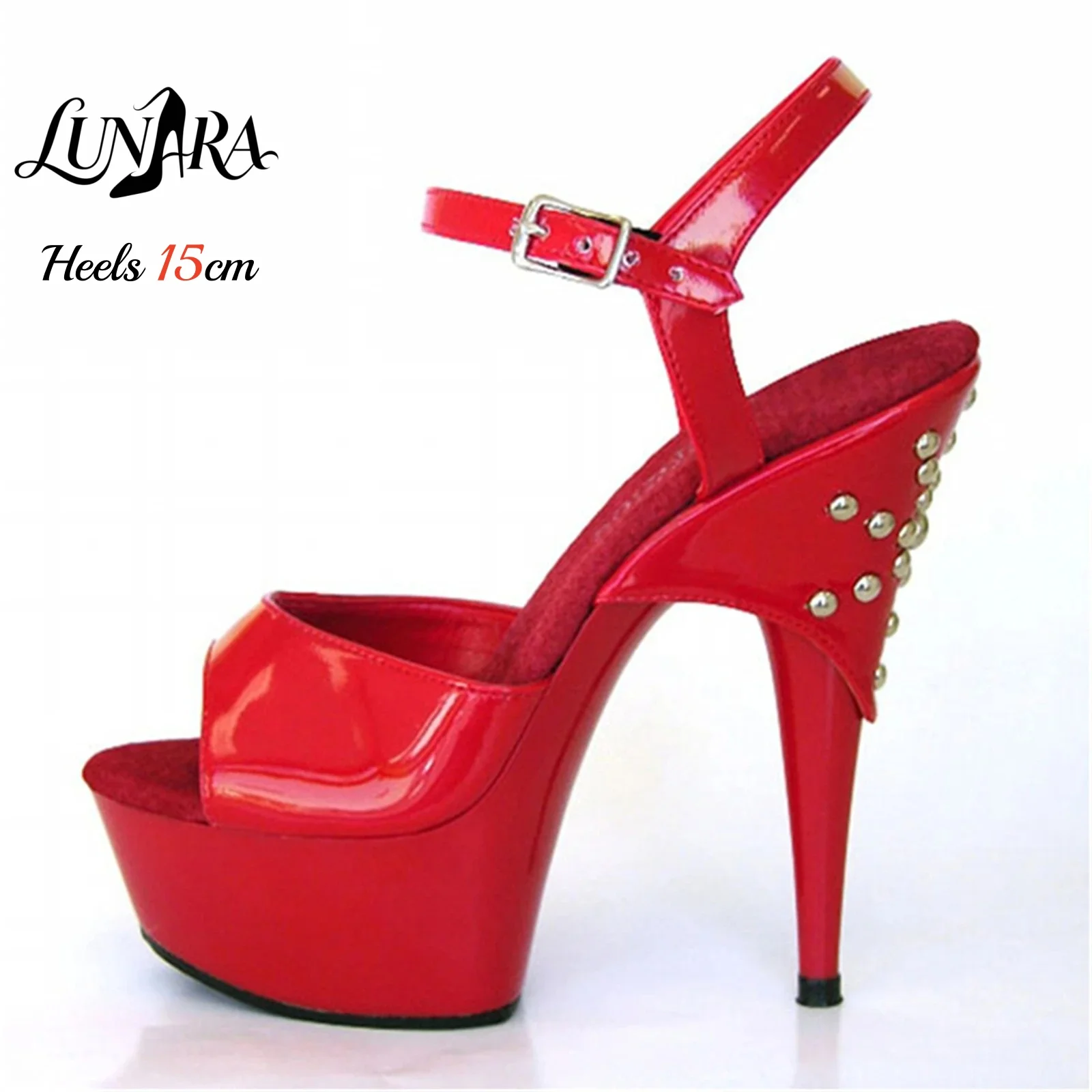 15cm/6Inch Red Patent Ankle Straps Buckle Open toe Platform Stilettos Studded Stripper shoes Pole dance Nightclubs Raves Parties