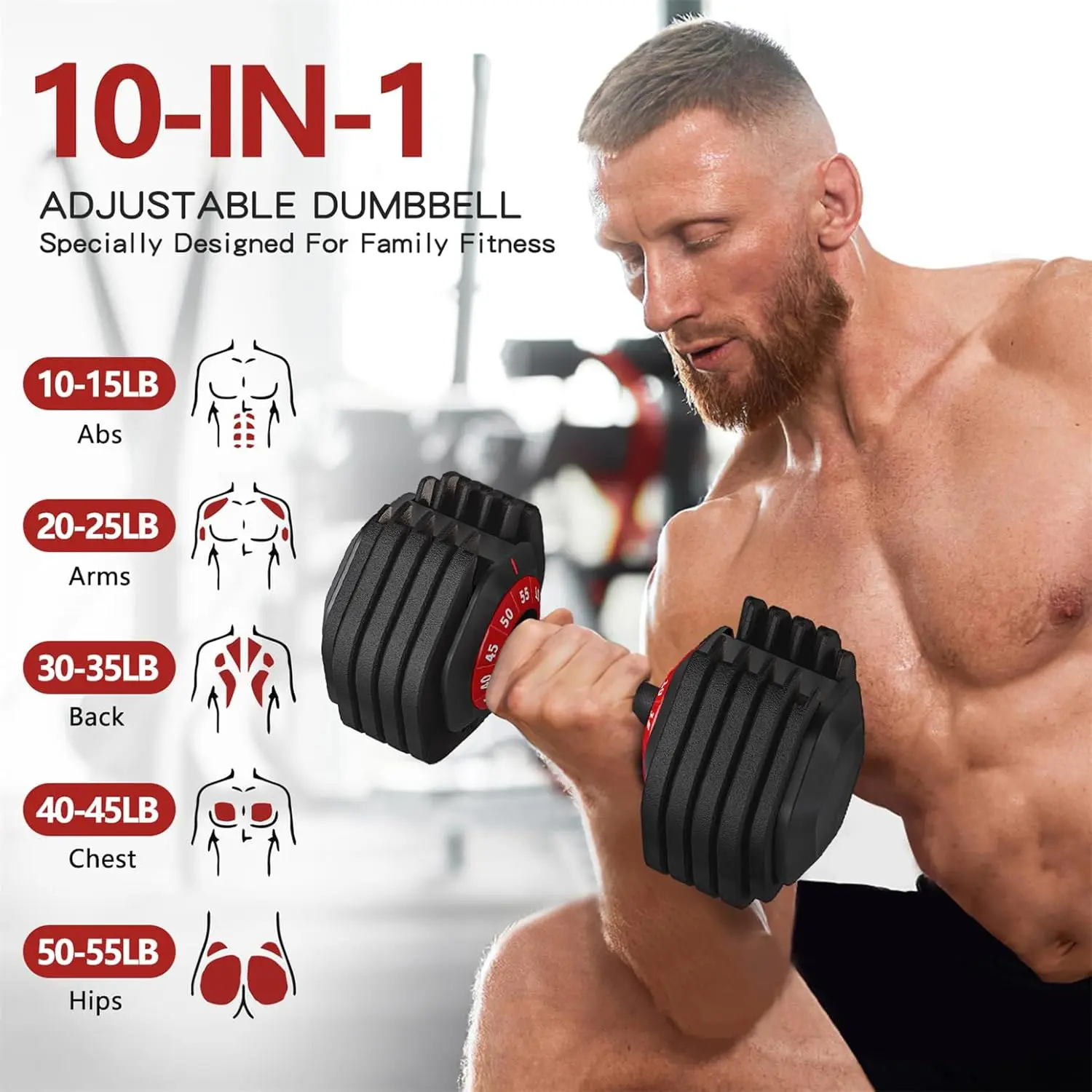 Adjustable Dumbbell 55LB Single Dumbbell Weight, 10-in-1 Weight Dumbbell with Anti-Slip Metal Handle for Full Body Workout