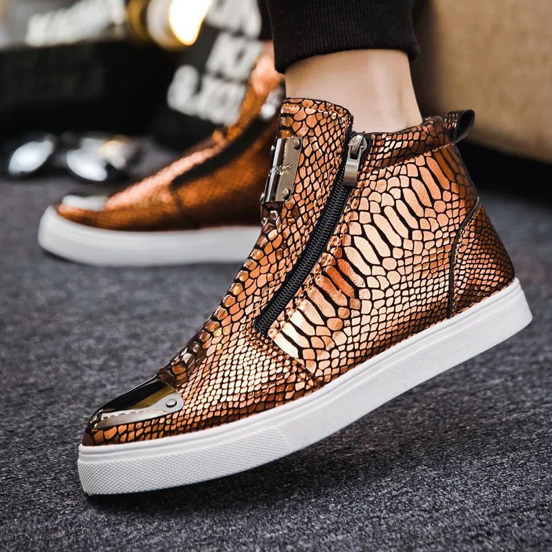 Tênis com zíper masculino, top alto, sapatos de skate crocodilo, couro dourado, brilho, luxo, designers, moda