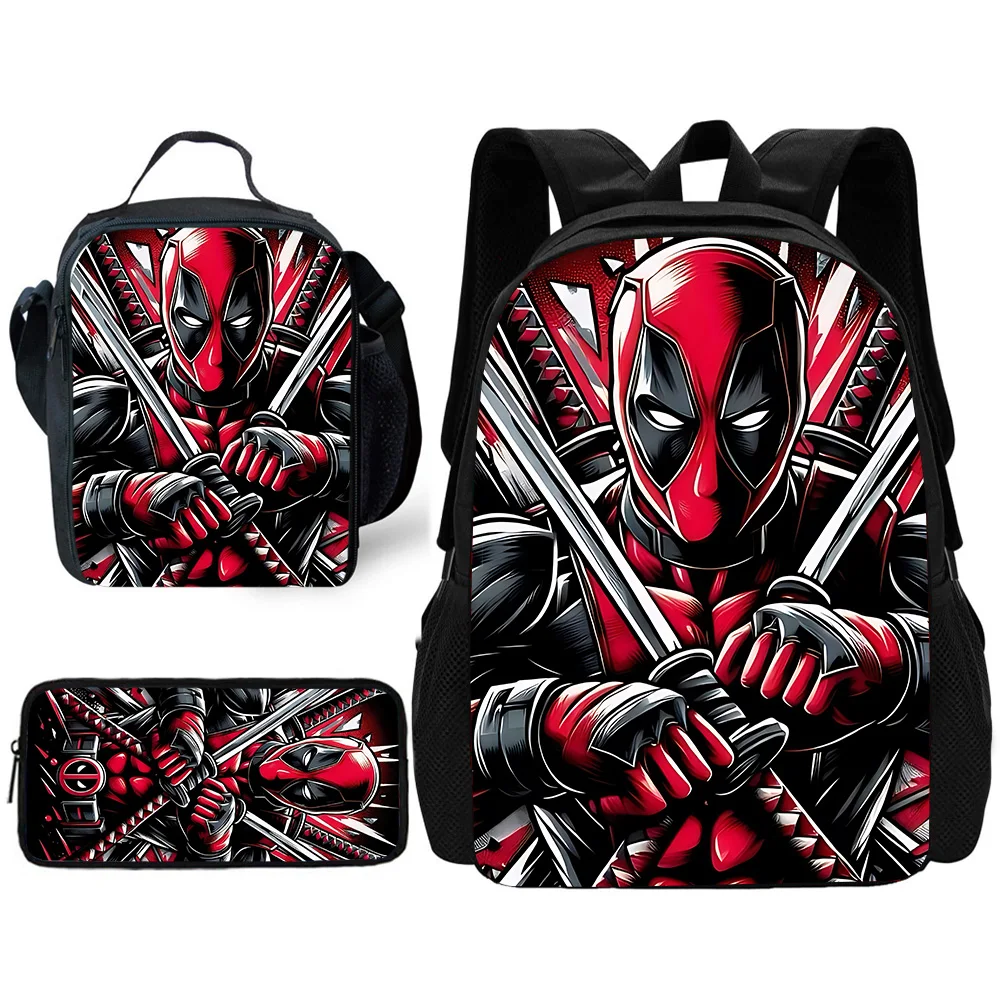 3 pcs set Deadpools Super Heroes Child School Backpack with Lunch Bags ,Pencil Bags ,School Bags for Boys Girls Best Gift