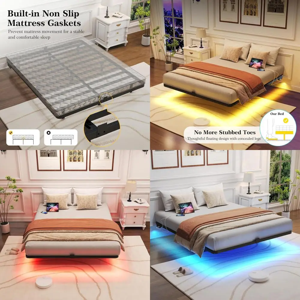 

Современный металлический каркас кровати размера «queen-size» со светодиодной подсветкой, зарядной станцией и бесшумным дизайном