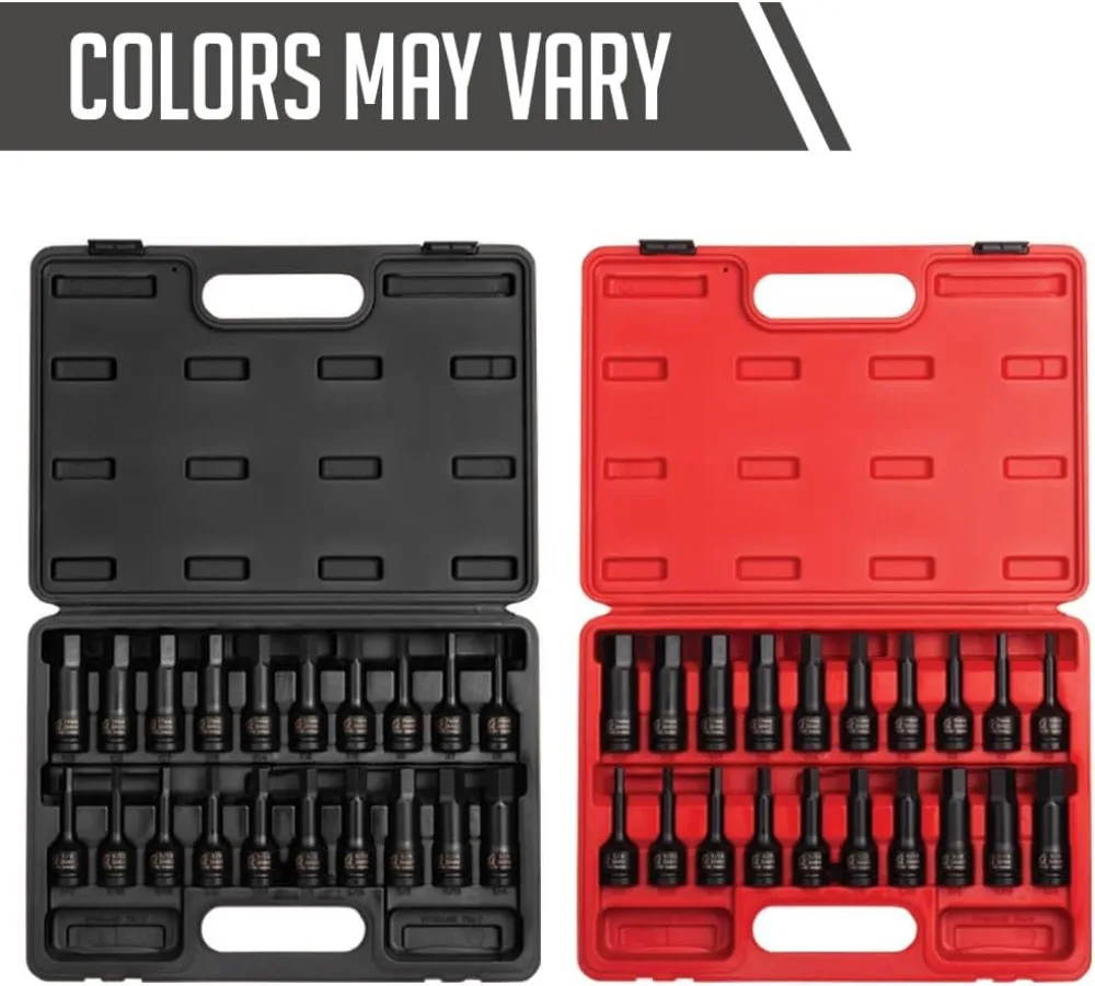 مجموعة مفكات سداسية من Drive Impact مقاس 1/2 بوصة، مكونة من 20 قطعة SAE/Metric، فولاذ Cr-Mo، حافظة شديدة التحمل، تلبي معايير ANSI #2