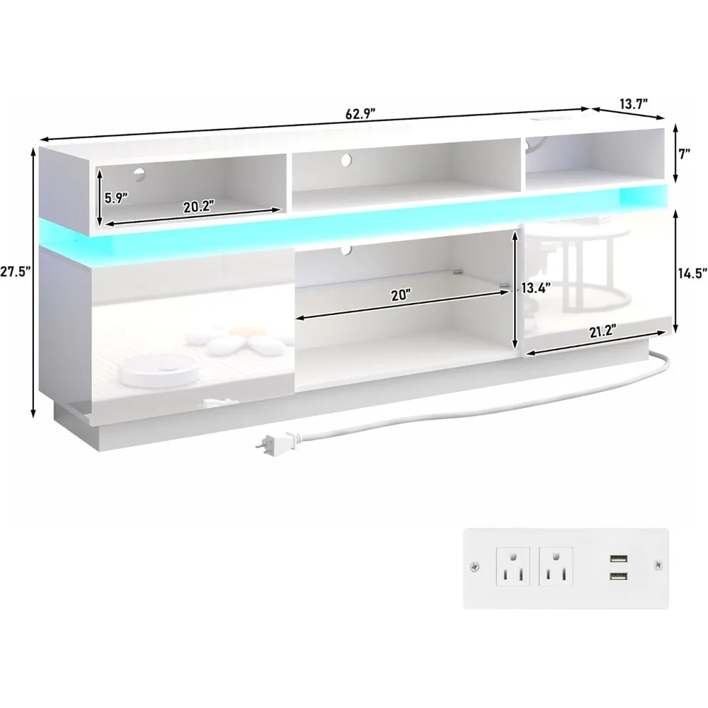 مركز ترفيه معاصر طويل القامة لأجهزة تلفزيون LED مقاس 75 بوصة، وحدة تحكم وسائط حديثة عالية اللمعان مع منافذ طاقة، وحامل تلفزيون للألعاب #2