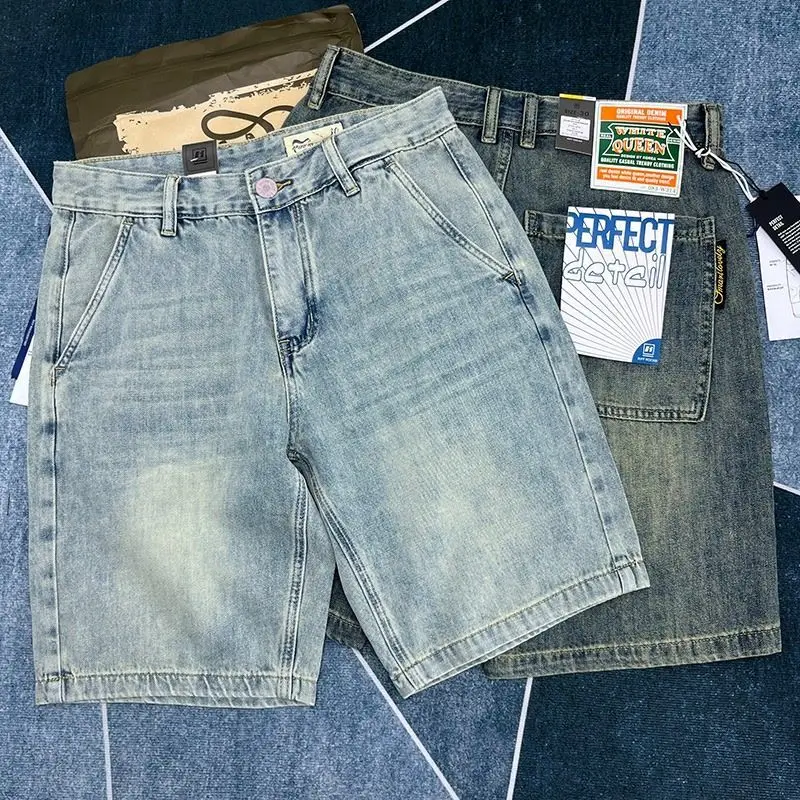 

High-End Casual Men's Denim orts Summer Vintage Straight Leg Five-Quarter Pants Thin American Sle Distred Trendy