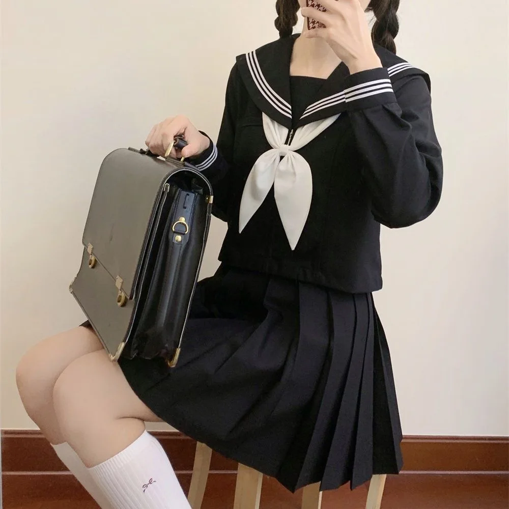 Uniformes scolaires japonais pour étudiantes, costume bleu marine pour femmes, robe longue noire sexy JK, chemisier marin imbibé, ensemble jupe plissée