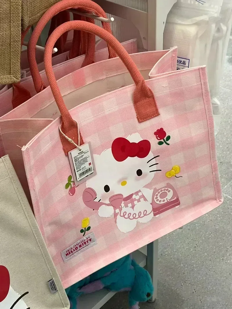 Sanrio Hellokitty 2024 New Cartoon Handbag Canvas Printed Katie Cat Girl Shopping Bag Large Capacity Shoulder Bag Cute Gift