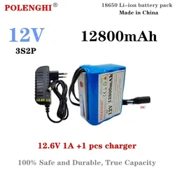 POLENGHI 12800mAh 12V 3S2P 18650 rechargeable battery pack for underwater fish detectors, fishing cameras, 12.6V charger