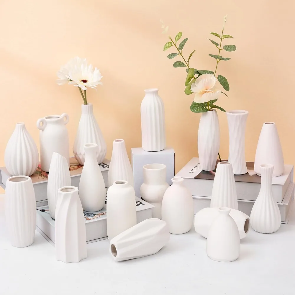 Set of 20 White Ceramic Bud Vases,Modern Vases for Floral and Pampas Grass,Boho Vases for Wedding,Party,Table Home