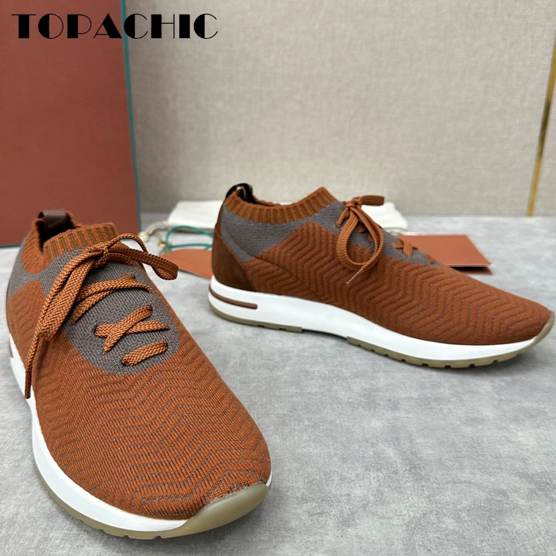 12.5 TOPACHIC Men\'s Soft Comfortable Knitted Sneakers Striped Lace-Up Round Toe Casual Shoes