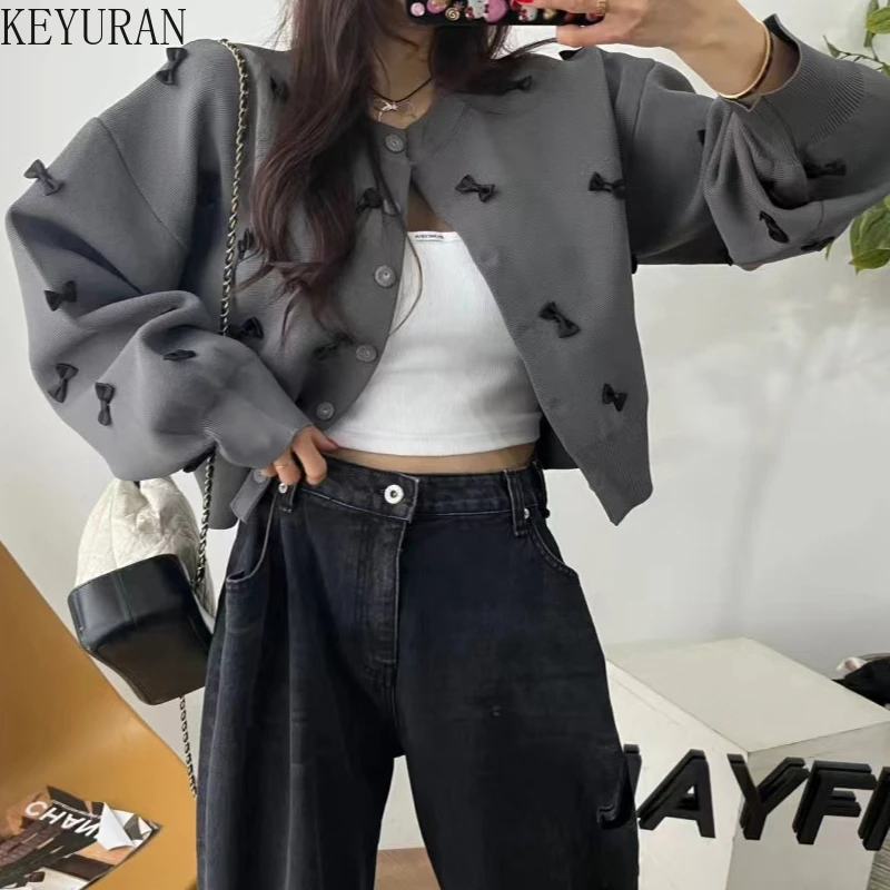 Korean 3d Bow Knitted Cardigan Women's 2024 Autumn Winter New Round Neck Long Sleeve Single Breasted Sweater Outerwear Crop Tops