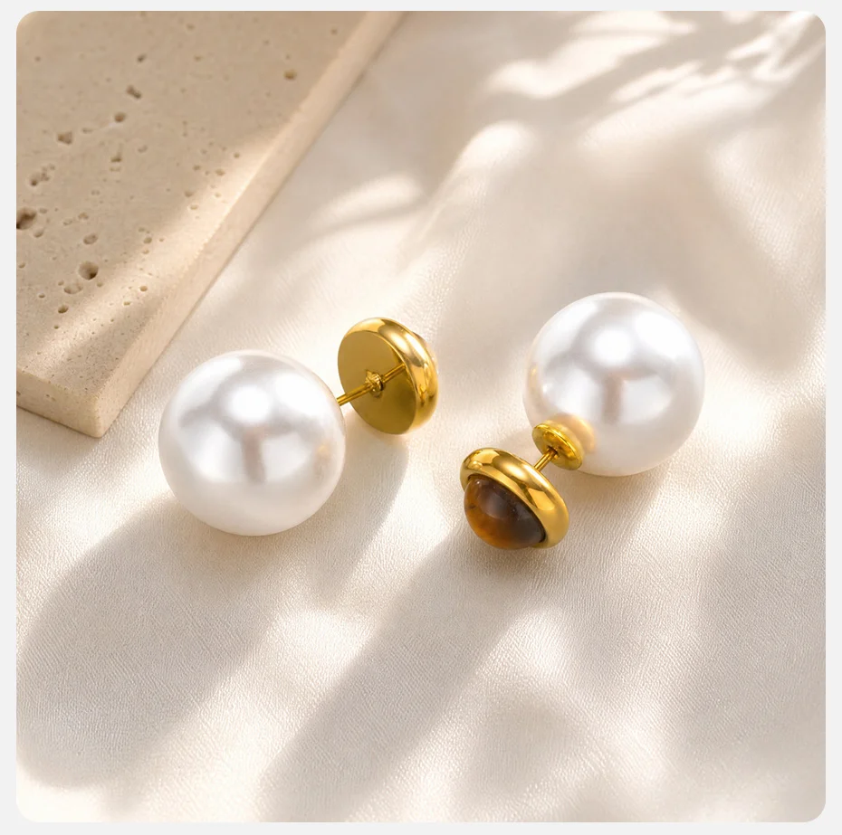 Vnox Vintage Tigerauge Ohrstecker für Damen, Elegante 18K Vergoldete Edelstahl-Imitationsperlen-Kugel-Ohrringe, Alltagsschmuck – Detail 5