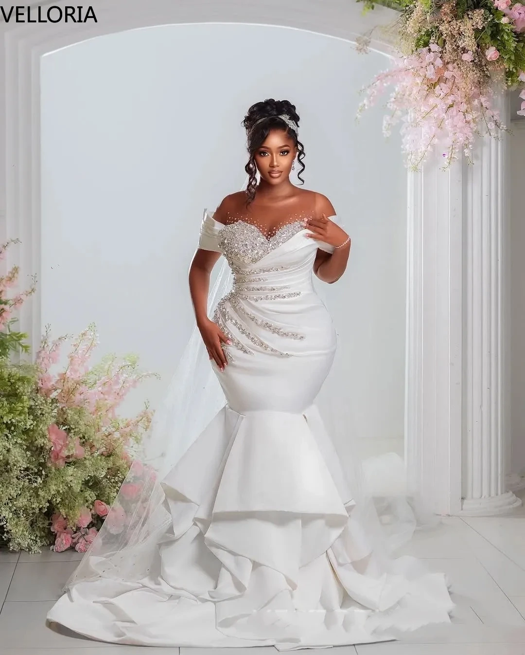 تخصيص الأبيض حورية البحر مساء اللباس 3D الماس ثوب الزفاف مثير قبالة الكتف حزب اللباس Vestdos دي فييستا مخصص