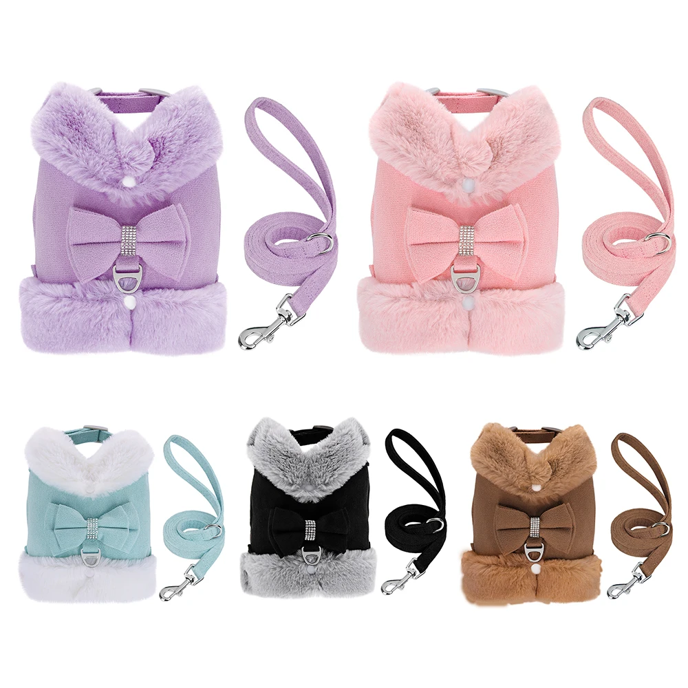 Soft Warm Dog Vest Harness and Leash Set Cute Bowknot Pet Winter Clothes Vest Warm Fur Small Dog Clothing French Bulldog Pink