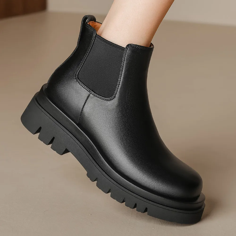 

Women's genuine leather elastic slip-onn thick sole platform flats autumnn ankle boots casual female punk chelsea boots shoes