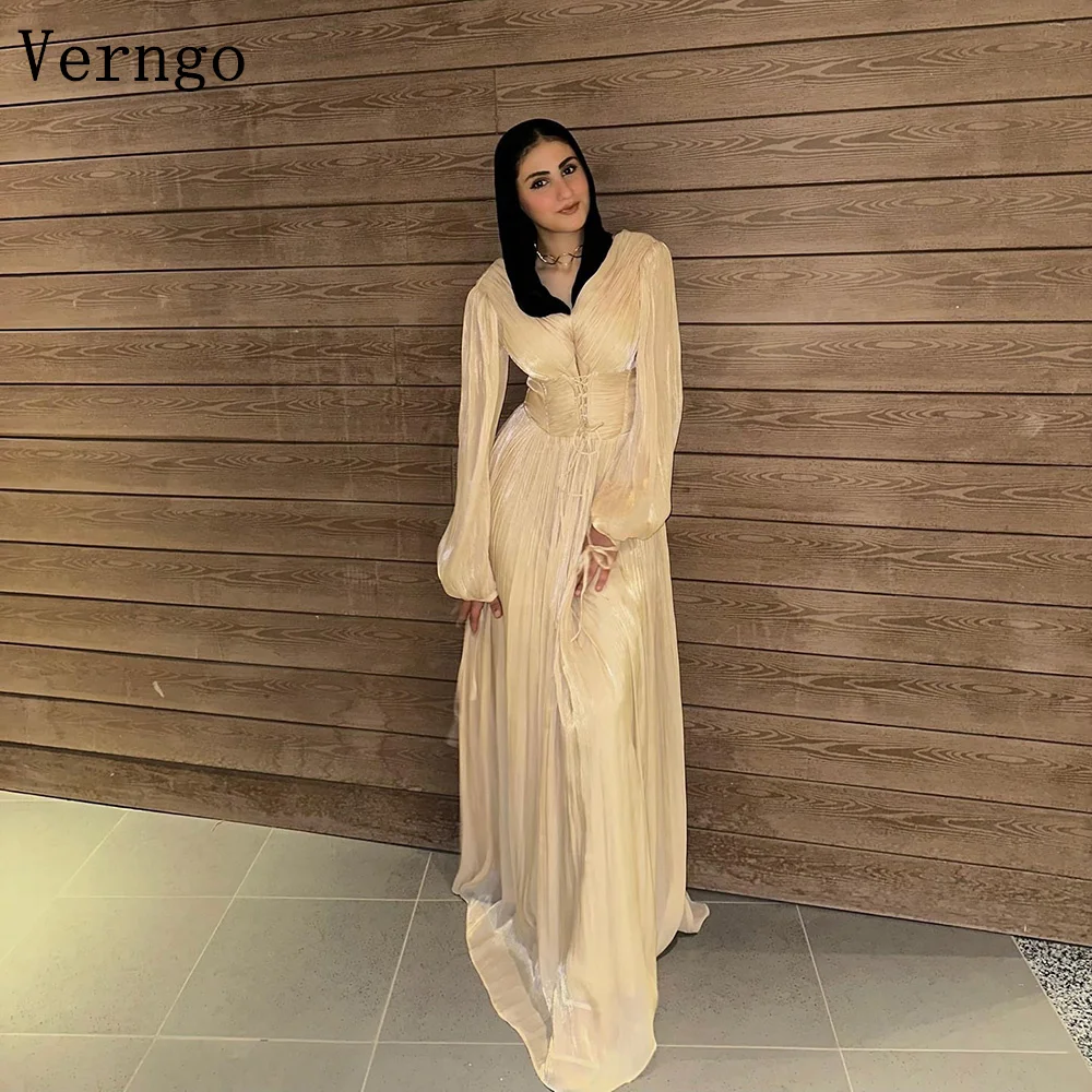 

Verngo Champagne Shiny Satin Evening Dress O Neck Full Sleeves A Line Formal Occasion Dresses Women Modest Prom Gown Customized
