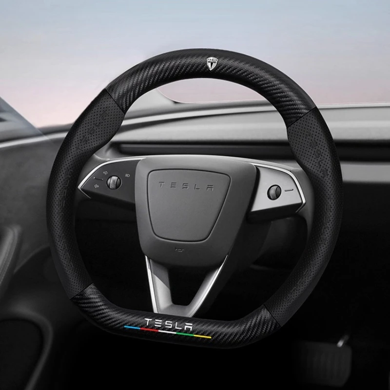 

Car Suede Anti-slip Breathable Leather Car Steering Wheel Cover Auto Accessories for Tesla Model 3 Model Y High-end Latest Model