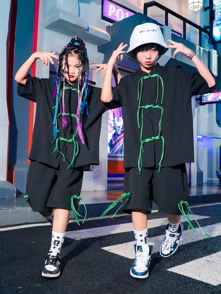 New Children'S Fashion Street Dance Suit Ink Wash Chinese Style Costumes Boys Hip-Hop Jazz Dance Performance Black Outfit XH353