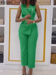 ZANZEA-macacão casual feminino, calça reta longa, calça sem mangas, macacão elegante, roupas de verão, moda 2024