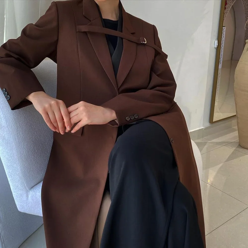 

Elegant Women Suits 1 Piece Jacket Solid Color Single Breasted Notch Lapel Long Blazer Fashion Muslim Female Abayas Costume