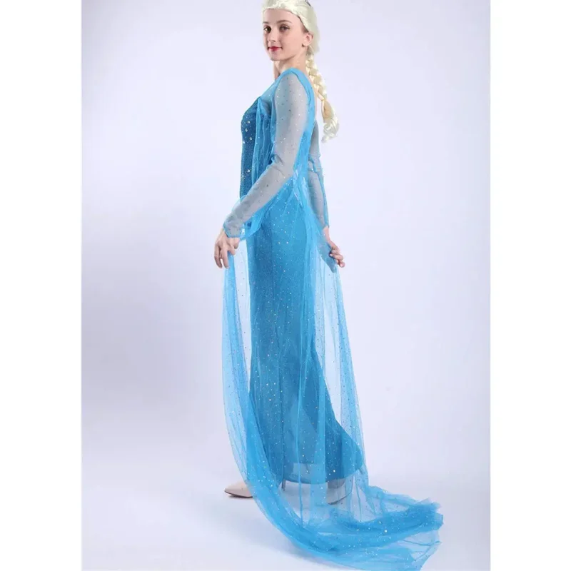 Frozen Elsa Princess Long Dress Sequin Mesh Costume Adult Snow Queen Party Halloween Carnival Cosplay MN3