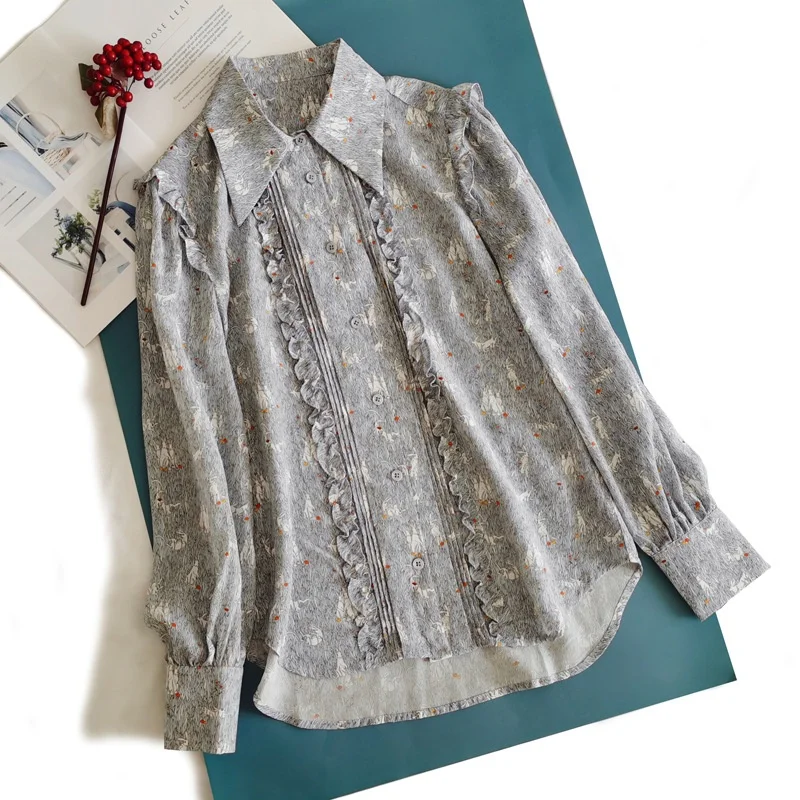Birdtree, chemisier imprimé 100% soie véritable 17MM, chemises à Double crêpe froissée pour femmes, hauts à manches longues, nouvelle chemise 2025 T5D314JF