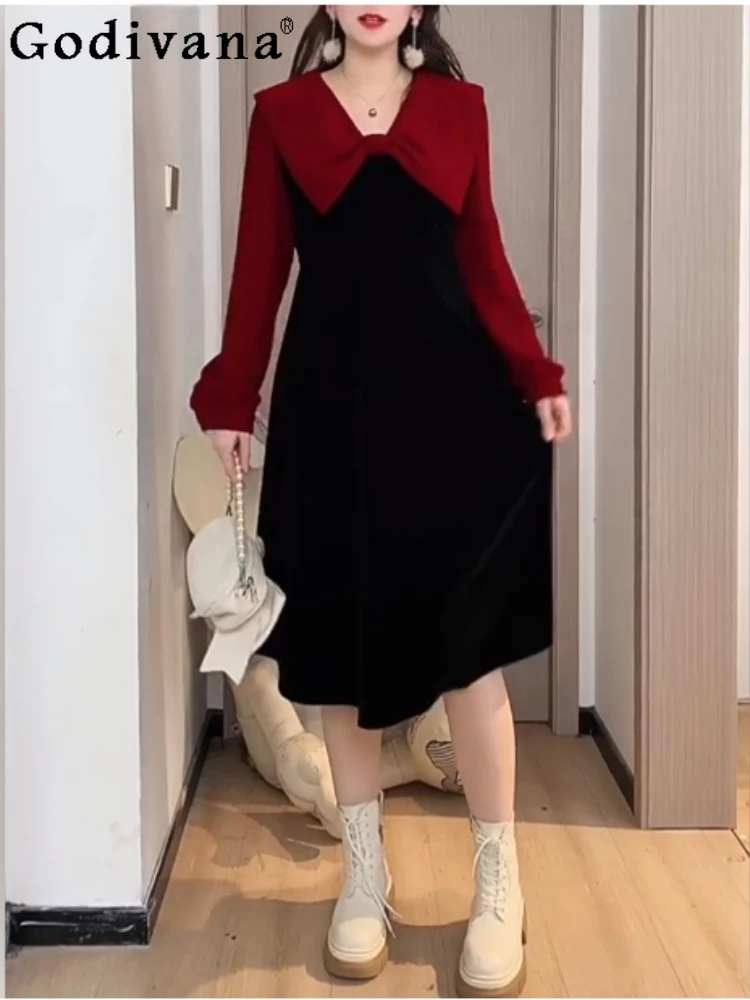 Large Size Girl Contrasting Colors Sweet Bow V-neck Splicing Dress Autumn Winter Elegant High Waist A-line Long-sleeved Dresses