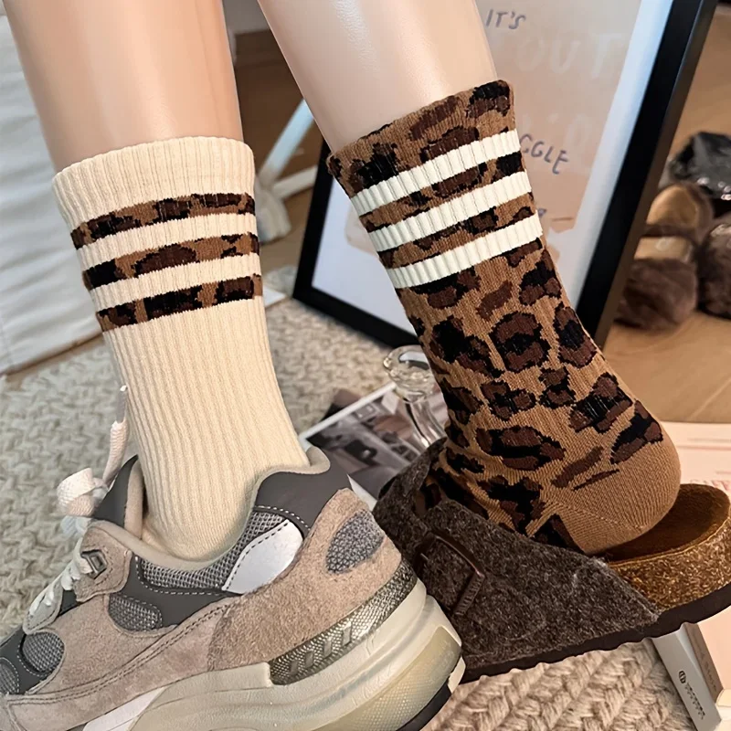 4 Pairs/Women's Fashion Mid-Knee Socks, Striped Leopard Print Pattern Trendy Socks Women's, Comfortable Soft Sports Socks
