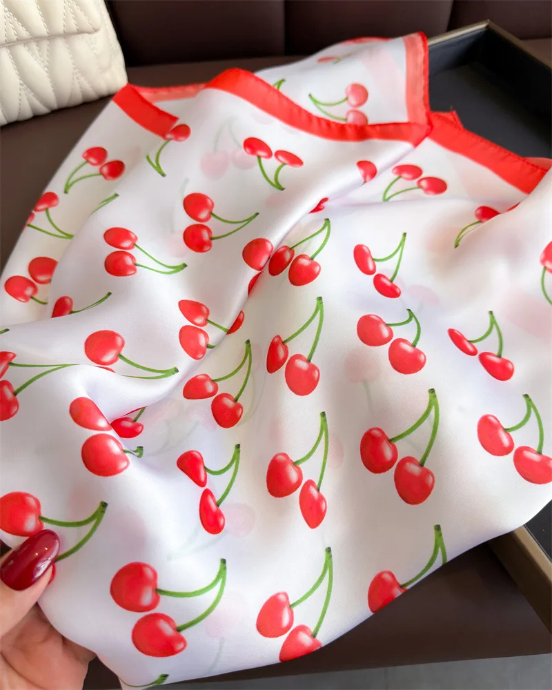 Квадратный шарф с вишневым принтом, женский атласный платок, хиджаб, женская повязка для волос на запястье, роскошный головной платок 70*70 см, Echarpe 2025, бандана